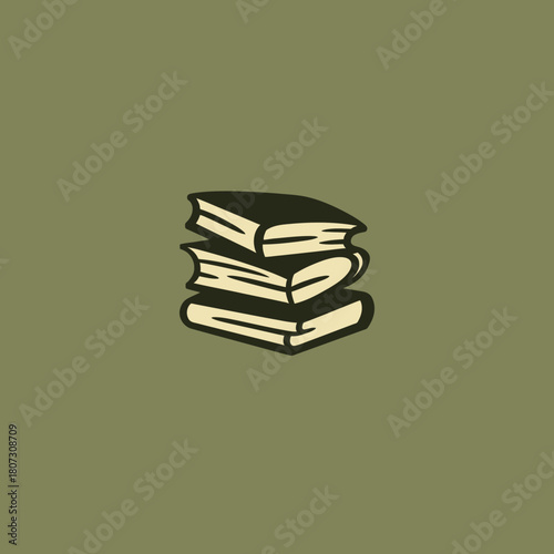 Vintage style illustration of a stack of three books on an olive green background, symbolizing education, knowledge, and reading.