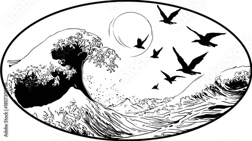 Dynamic black and white illustration of a powerful ocean wave with flying birds and sun, graphic seascape art in monochrome