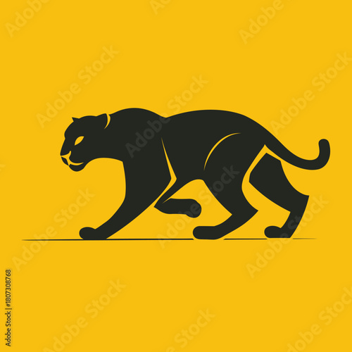 Black panther silhouette vector illustration on a vibrant yellow background, stalking big cat graphic, wild animal predator symbol.