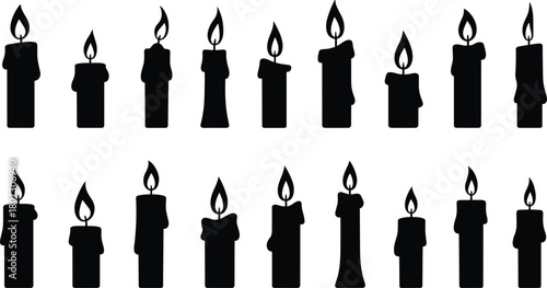 Burning candle silhouettes with melting wax, simple flame icons, decorative candle shapes for spiritual themes, holiday graphics, vintage vector set