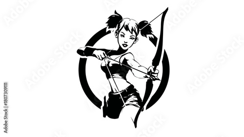 Black and white illustration of a determined young female archer aiming with a bow and arrow, symbolizing strength and focus.