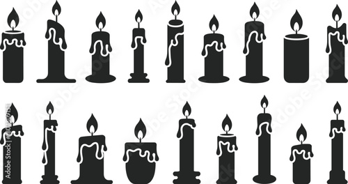 Burning candle silhouettes, melting wax candle icons, decorative flame designs for holiday themes, spiritual ambiance, vintage illustrations, vector set