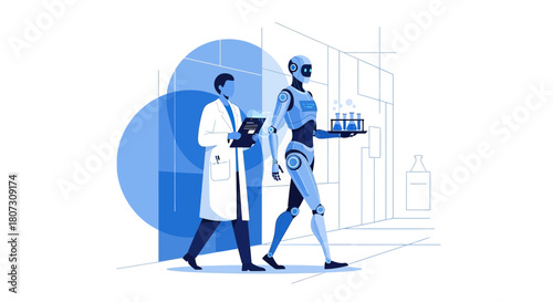 Futuristic collaboration doctor and robotic assistant in a cutting-edge scientific laboratory scene