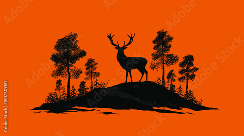 Majestic stag with antlers silhouetted on a forest hill with pine trees, vibrant orange background, minimalist nature illustration.