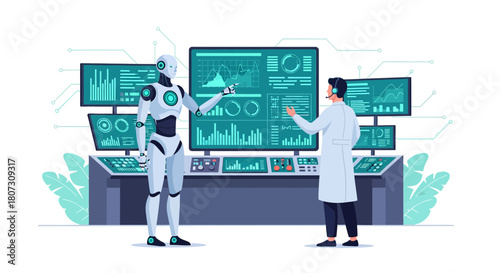 Futuristic collaboration of human engineer and humanoid robot analyzing data interfaces together