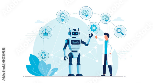 Futuristic collaboration: Scientist and robot interacting with AI technology interface