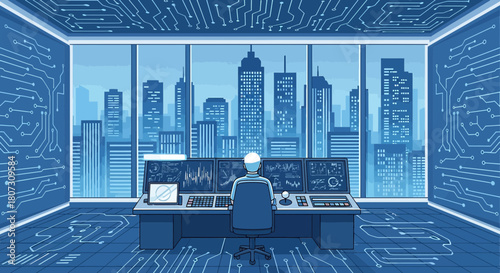 Futuristic control center overseeing city skyline with advanced data streams and interfaces