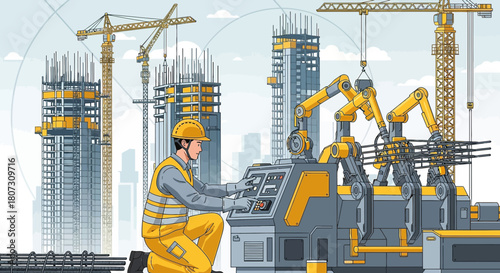 Futuristic construction site with robotic arms and automated steel rebar processing under worker