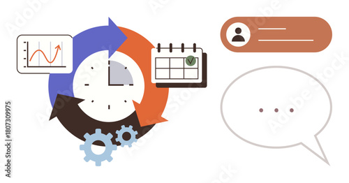 Clock surrounded by arrows, calendar, chart, gears, profile icon, and speech bubble. Ideal for planning, productivity scheduling collaboration communication time management brainstorming. Simple