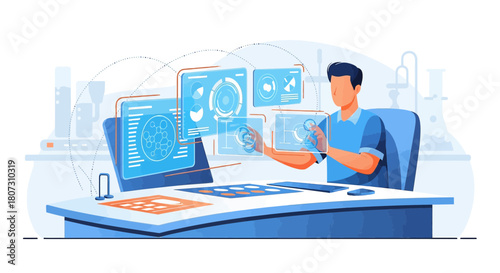 Futuristic lab environment exploring interactive data interface with advanced technology platforms