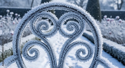 Frost-covered iron chair in a serene winter garden. Ideal for Christmas, New Year, or winter holiday designs. Evokes cold, tranquility, and holiday season.