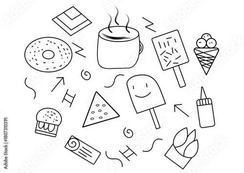 Black and white circular food doodle featuring donut, pizza, ice cream, coffee, popsicles, burger,