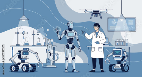 Futuristic laboratory: scientist and robots in a high tech research and development center for