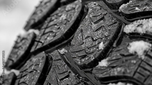 A closeup photo showcasing the intricate tread pattern of a winter tire, emphasizing the specialized design for enhanced grip