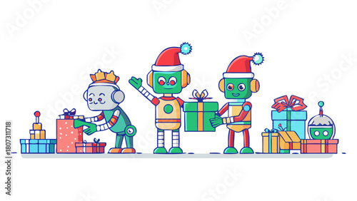 Friendly toy robots wrapping Christmas presents in Santa’s workshop .vector icon