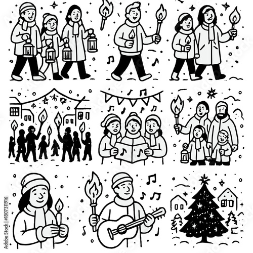 Festive Torch Procession. Festive Torch Walk outline icon set: families with lanterns, winter coats, children holding candles, city square lights, festive banner, music notes,