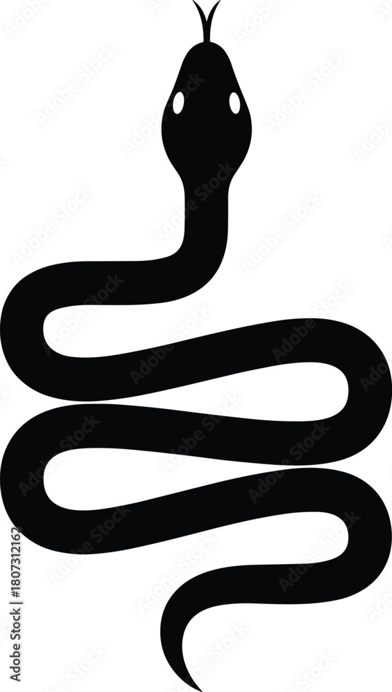 Fototapeta premium Black snake silhouette vector illustration, top view of winding reptile, simple flat icon for logo design, dangerous serpent symbol, isolated on white background