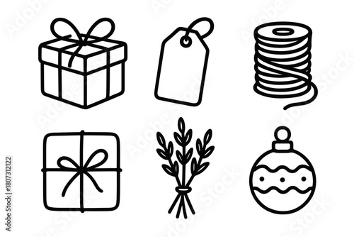 Handcrafted Gift Essentials. Homemade Treasures outline icon set: box with ribbon, handmade tag, twine roll, paper wrap, dried herbs, ornament.