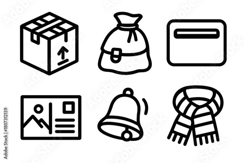 Winter Postal Icons. Winter Post Office outline icon set: package, post bag, mailbox slot, postcard, bell, scarf.