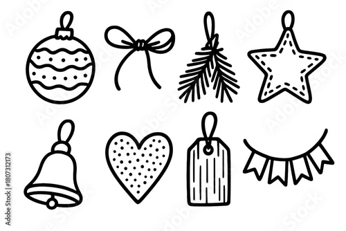 Rustic Holiday Ornaments. Homemade Ornaments outline icon set: hand-painted bauble, rustic twine, fabric star, pine branch decor, small bell, glitter heart, wooden tag, paper