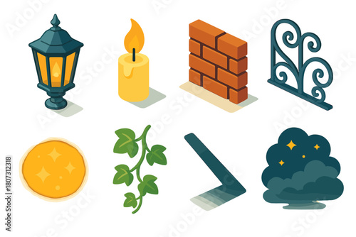Vintage Icon Set. Vintage Charm modern flat icon set: ornate lantern, candle flame, brick wall, wrought iron, golden glow, ivy vine, shadow line, night mist.