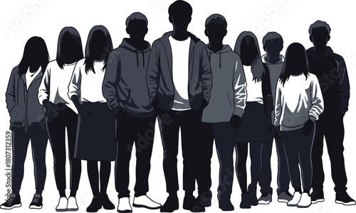 Group of diverse teenagers standing together, vector illustration of young students in casual clothes, black and white silhouettes for community concept, isolated on white