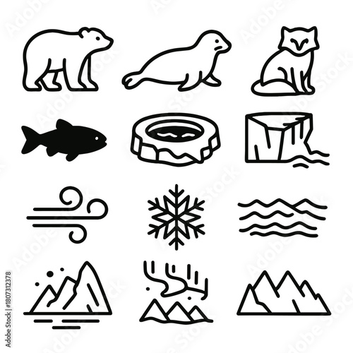 Arctic Wildlife Silhouettes. Arctic Lake Creatures outline icon set: polar bear, seal, arctic fox, snowy owl, fish silhouette, ice hole, glacier edge, frozen waves, wind gust,