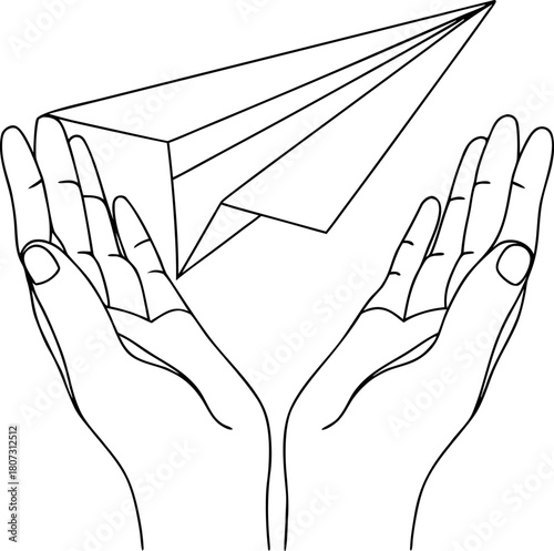 Hands holding paper airplane symbol of dreams freedom