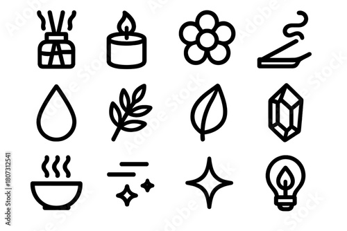Bold Fragrance Icons. Soothing Fragrance Set bold vector icon set: aroma diffuser, candle, flower bloom, incense, oil drop, herbal sprig, leaf, crystal, bowl, mist, sparkle, calm