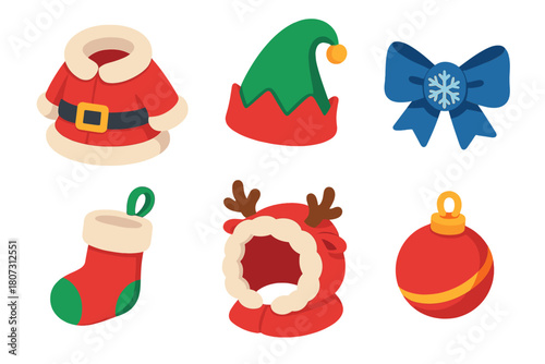 Festive Pet Outfits. Christmas Pet Apparel modern flat icon set: santa coat, elf hat, snowflake bow, stocking accessory, plush hood, ornament charm.