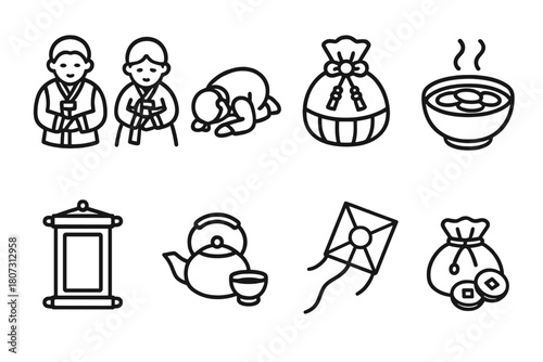 Korean Festive Icons. Korean New Year Customs outline icon set: traditional clothing, bowing gesture, lucky bag, tteokguk bowl, calligraphy scroll, tea set, kite, coin pouch.