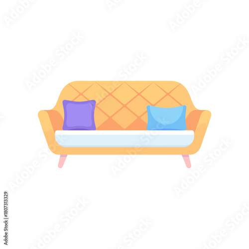 Stylish modern yellow sofa with two colorful cushions home decor