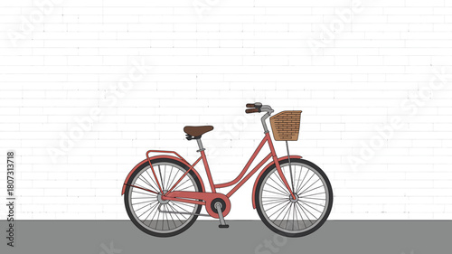 Stylish red bike illustration with front basket on a white wall.
