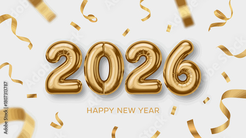 Happy new year 2026 golden balloons, confetti, festive design