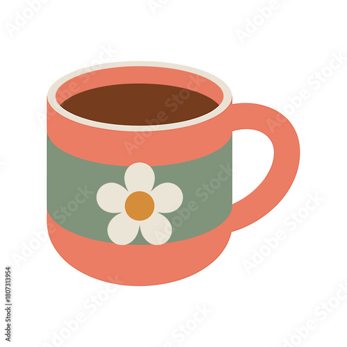Stylized coffee mug with a flower illustration and warm drink
