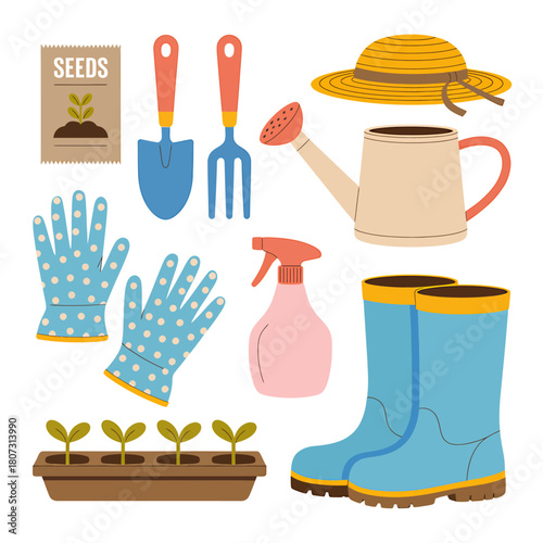 Gardening equipment set with seedlings and tools for spring planting