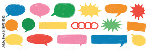 Colorful hand drawn scribble style speech and thought bubbles set