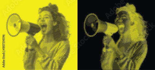 Halftone Illustration of Happy Young Woman Screaming into the Megaphone on Yellow and Black Background. Retro Set. Vector Vintage Poster.