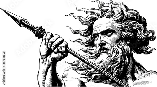 Powerful mythological male figure with flowing hair and beard, holding a spear, ancient engraving style illustration, vintage.