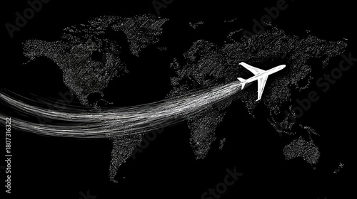 White airplane flying over a dark, textured world map with a contrail, symbolizing global travel, international transport, and connectivity.