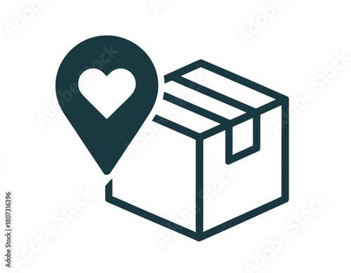 A location pin with a heart symbol is placed next to a parcel or box, signifying a favorite delivery destination.