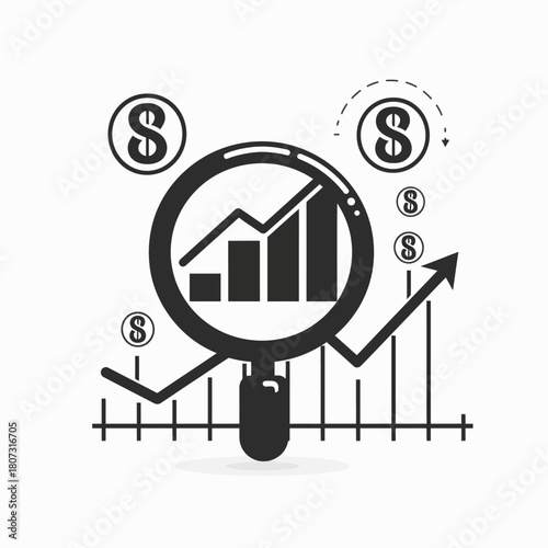 Financial analysis, business growth, and market research icon with magnifying glass, rising graphs, dollar signs, and upward trend.