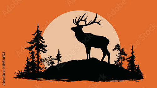 Majestic elk stag silhouette with large antlers standing on a hill at sunset in a pine forest. Wilderness nature graphic.