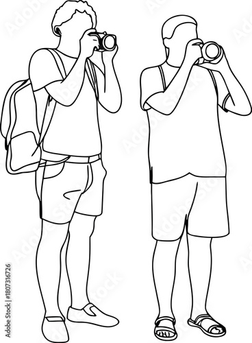 Line art of tourists taking photographs outdoors