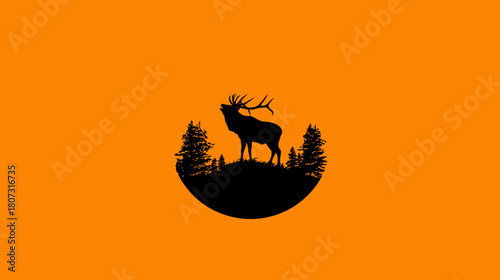Majestic deer stag or elk silhouette, forest hill, circular emblem, vibrant orange background, minimalist vector graphic design.