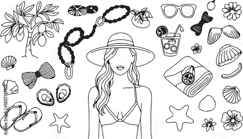 Woman with hat and swimsuit surrounded by summer elements creates a beach vibe illustration