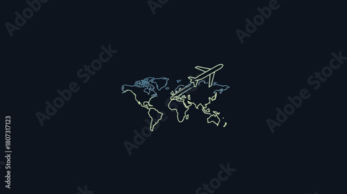 Modern Glowing World Map with Airplane Icon Illustrating Global Travel, International Flights, and Exploration on Dark Background