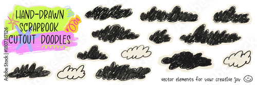 Hand-drawn scrapbook cutout doodles, cloud shapes on off-white paper, crayon and charcoal texture, playful collage style. Crayon and charcoal texture on soft paper edges, vector illustration