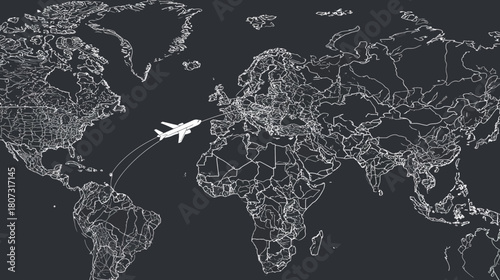 Airplane flying across a detailed world map with dotted flight path, symbolizing global travel, international connections, and transportation.