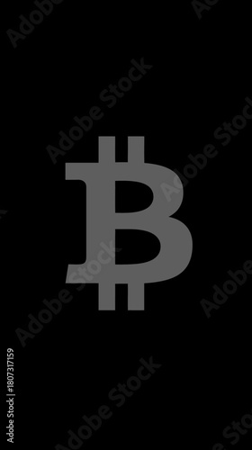 Grey Bitcoin symbol on black background. Digital cryptocurrency icon, blockchain technology, virtual finance, global investment concept.